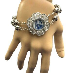 Upcycled  Vntg Rhinestone Watch w ith Danish Blue Willow China Icon Centerpiece